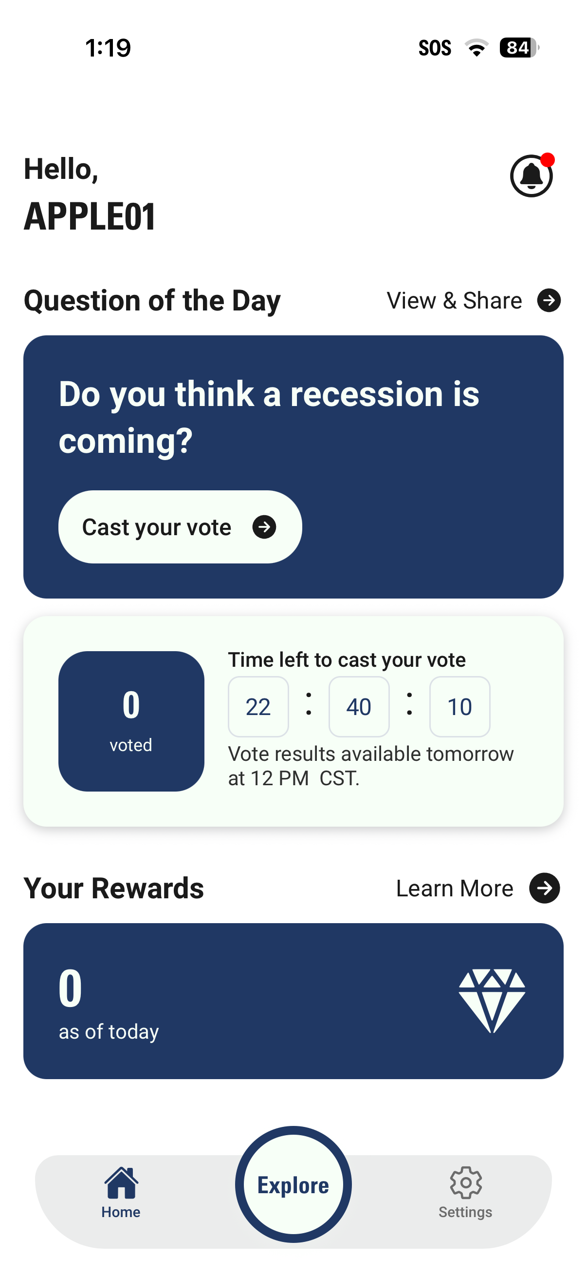 Pollboxx home screen with the question of the day, a countdown to results, and a rewards balance