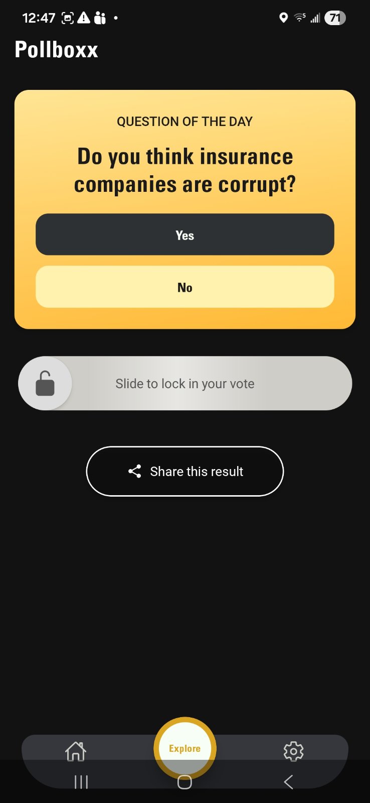 Pollboxx daily poll with Yes and No options and a slide-to-lock-in control