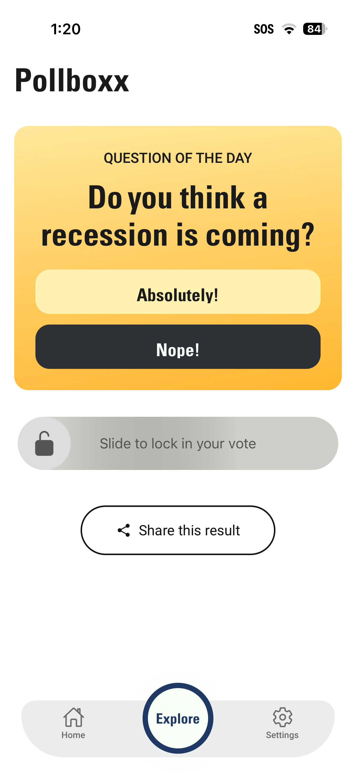 Pollboxx daily poll with Absolutely and Nope options and a slide-to-lock-in control