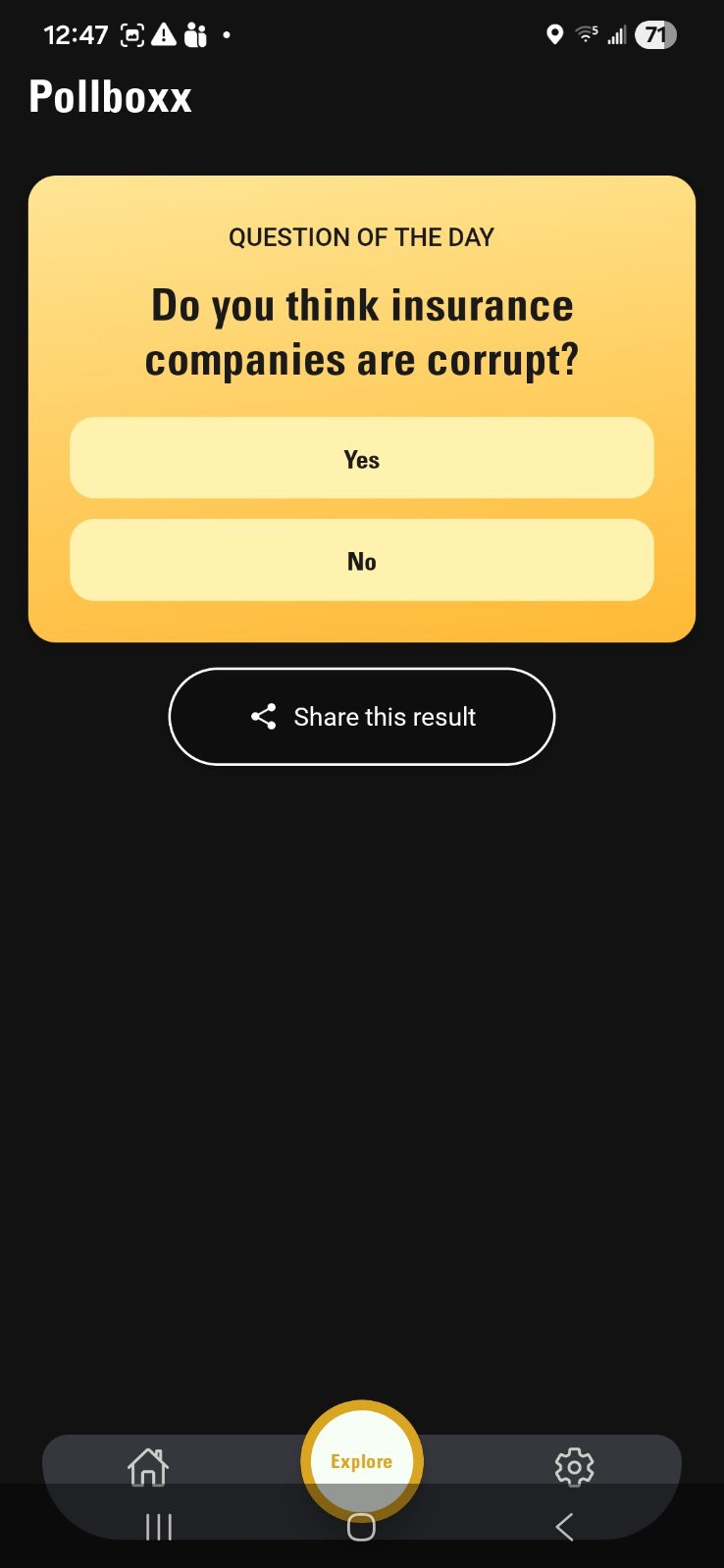 Pollboxx daily poll showing the Yes and No answer buttons