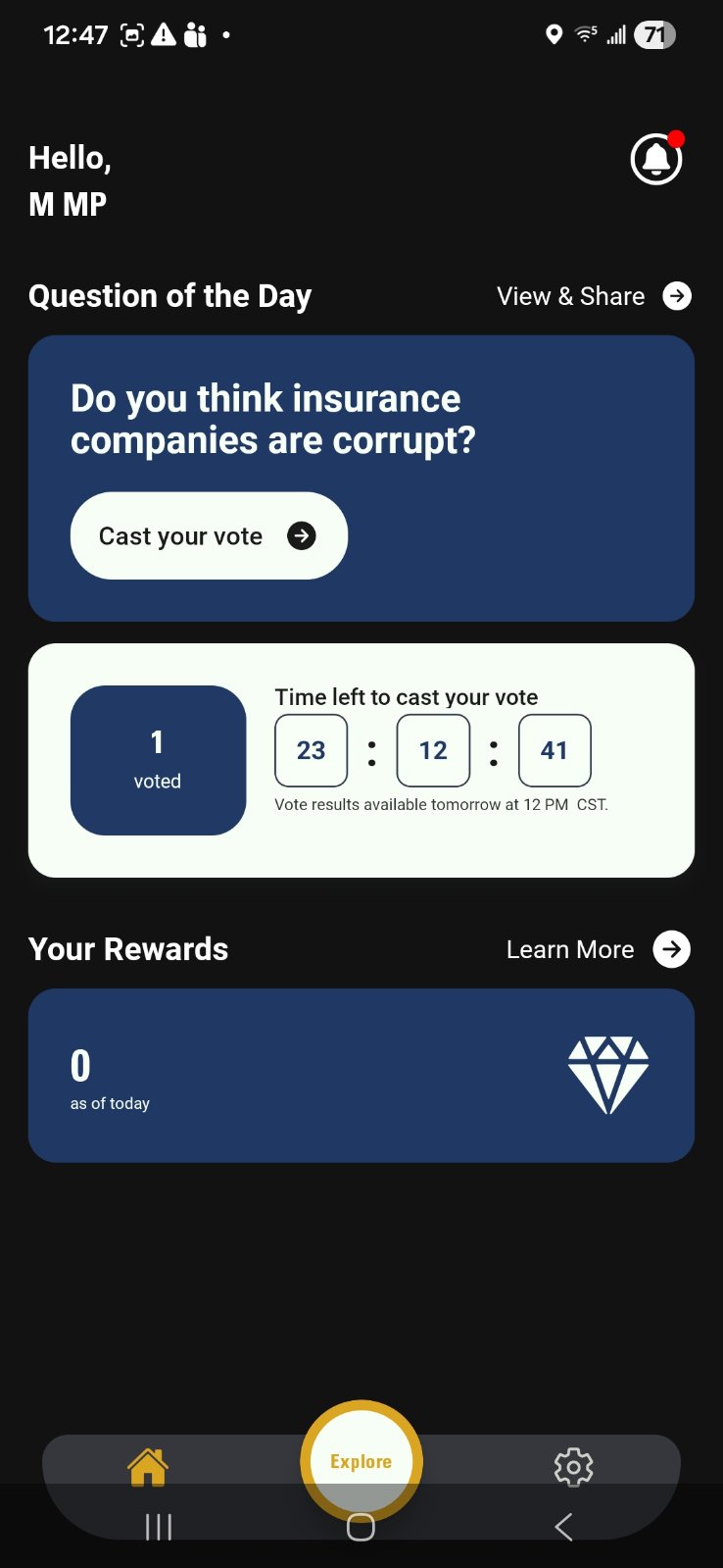 Pollboxx home screen with the question of the day, a countdown to results, and a rewards balance