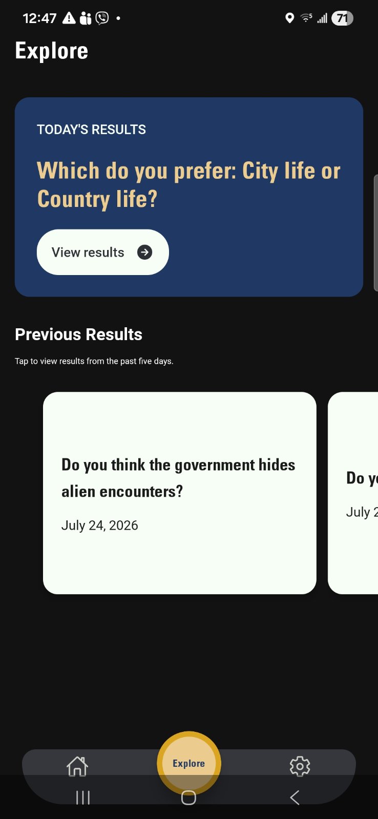 Pollboxx explore screen listing today's results alongside polls from previous days