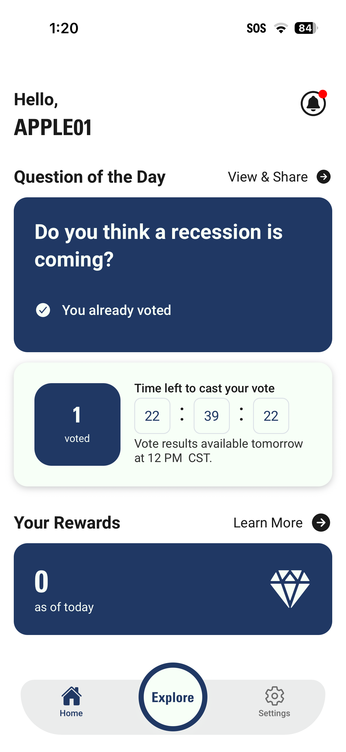 Pollboxx home screen after voting, with the vote counted and a countdown to results