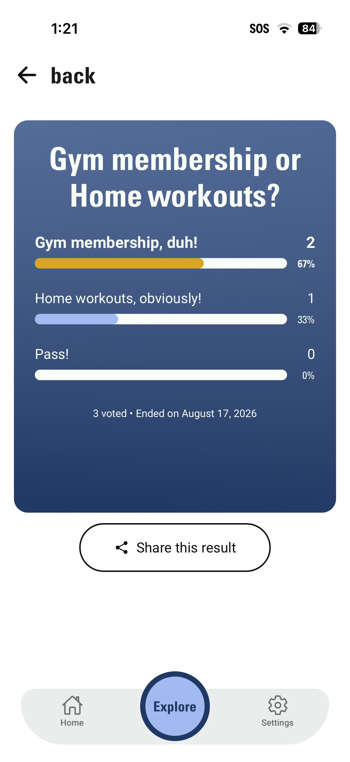 Pollboxx results screen with a percentage breakdown for each answer